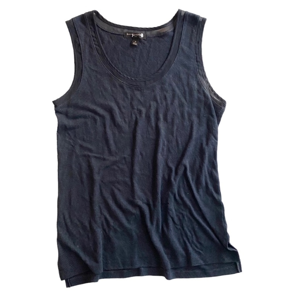 Banana Republic Navy Blue Linen Tank Top Sheer Panel Trim U shaped Neckline S